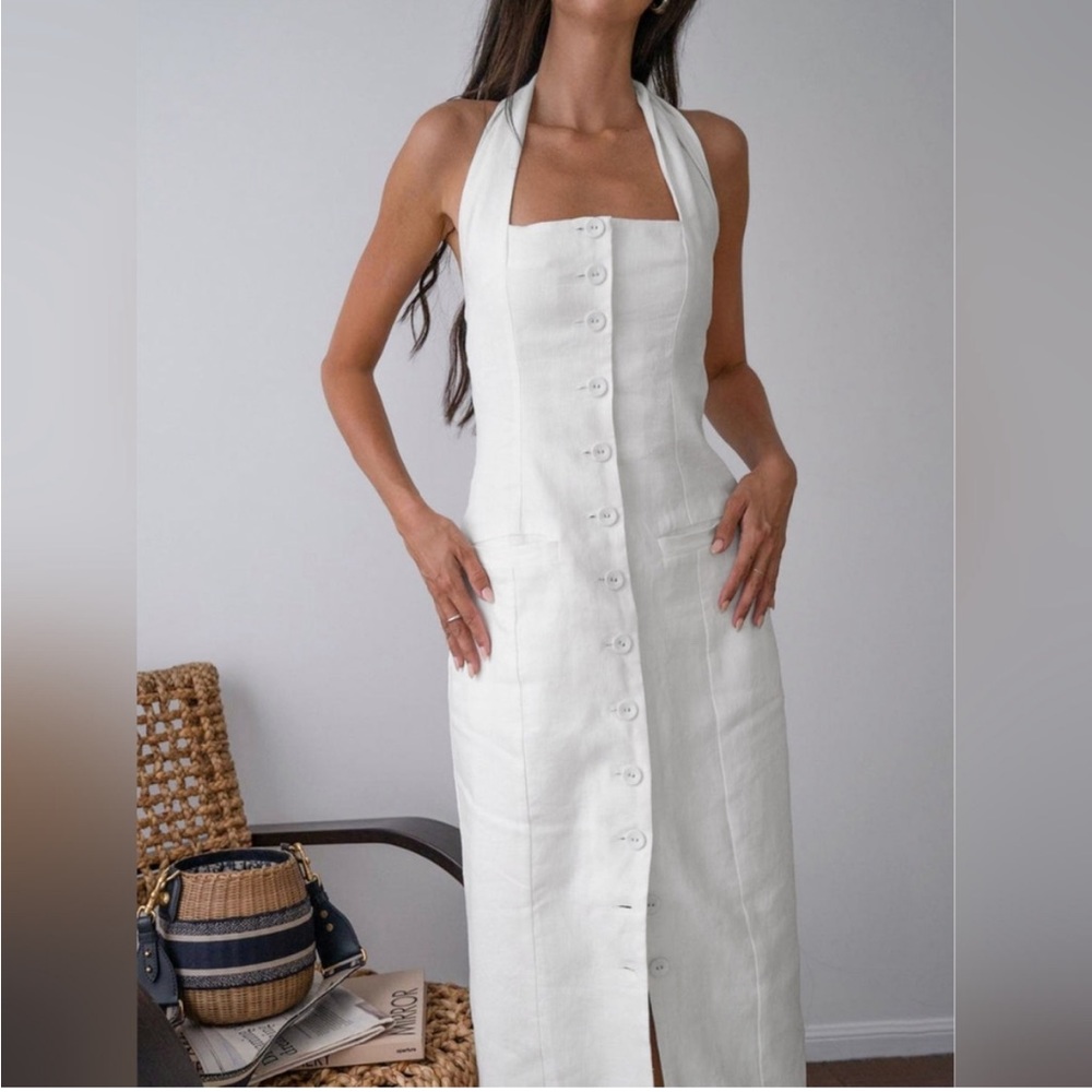 White square neck halter tie neck button front linen midi dress with open back - Picture 2 of 5